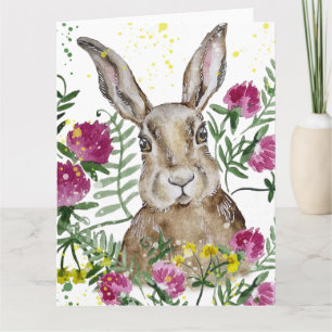 Cute bunny in watercolour flowers card