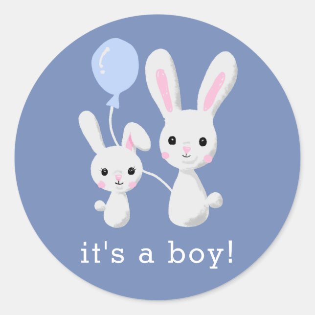 Cute Bunny It's A Boy Blue Baby Shower Classic Round Sticker (Front)