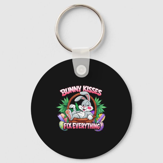 Cute bunny kisses fix everything funny rabbit keychain (Front)
