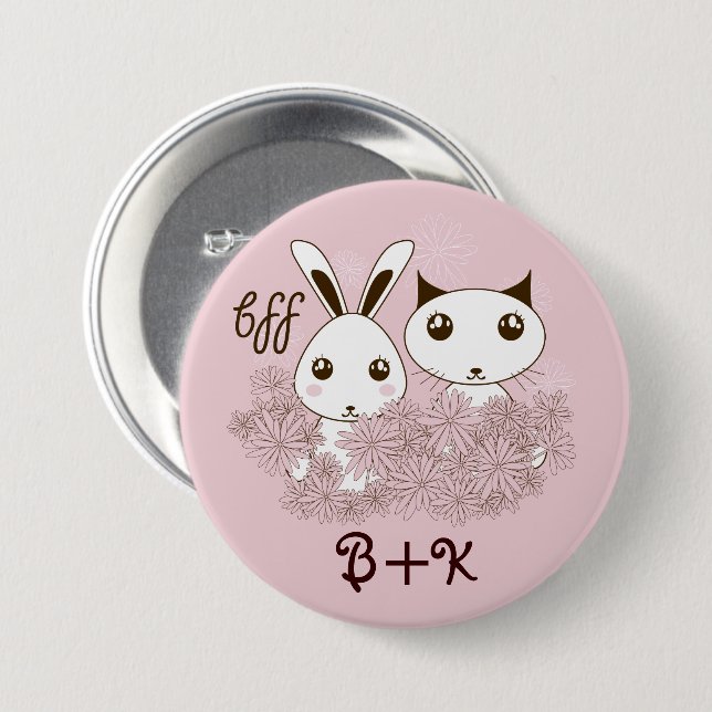 Cute Bunny Kitten Animal Friends Pink Girls Kids 3 Inch Round Button (Front & Back)