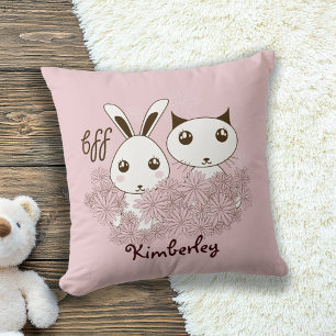 Cute Bunny Kitten Animal Friends Pink Girls Kids Throw Pillow