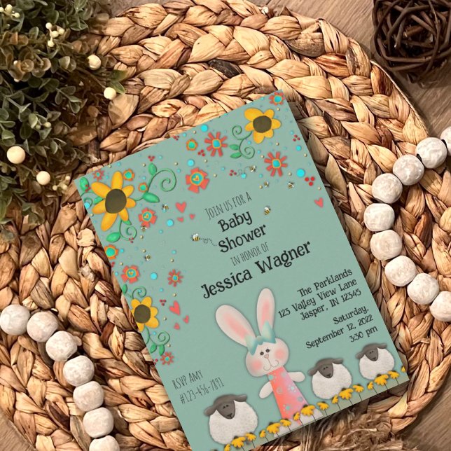 Cute Bunny Lambs Daisies Baby Unisex Invitation (Creator Uploaded)