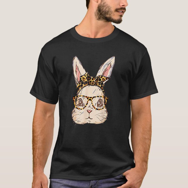 Cute Bunny Leopard Messy Bun Glasses Bubblegum Eas T-Shirt (Front)