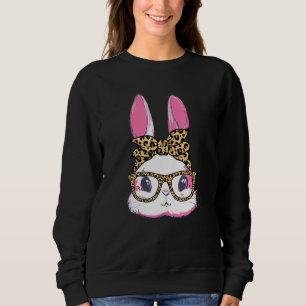 Cute Bunny Leopard Messy Bun Glasses Headband Happ Sweatshirt