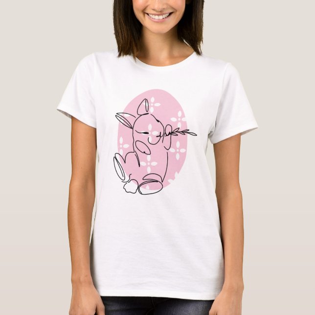 Cute Bunny Line Art Pink Egg Spring T-Shirt (Front)