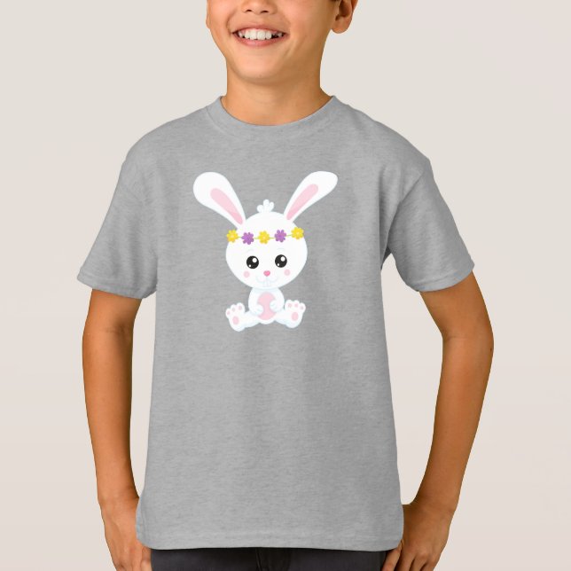 Cute Bunny, Little Bunny, White Bunny, Flowers T-Shirt (Front)