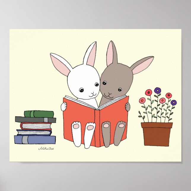 Cute Bunny Livres de lecture Imprimer Poster d'Art (Devant)