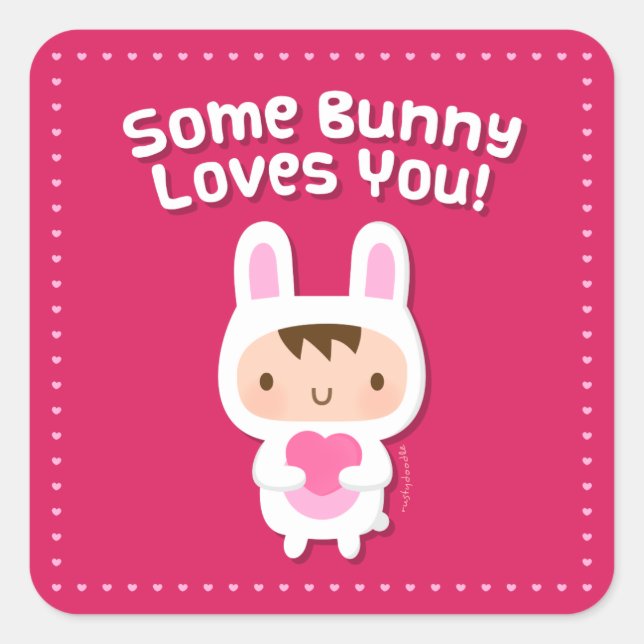Cute Bunny Loves You Love Confession Pink Square Sticker (Front)