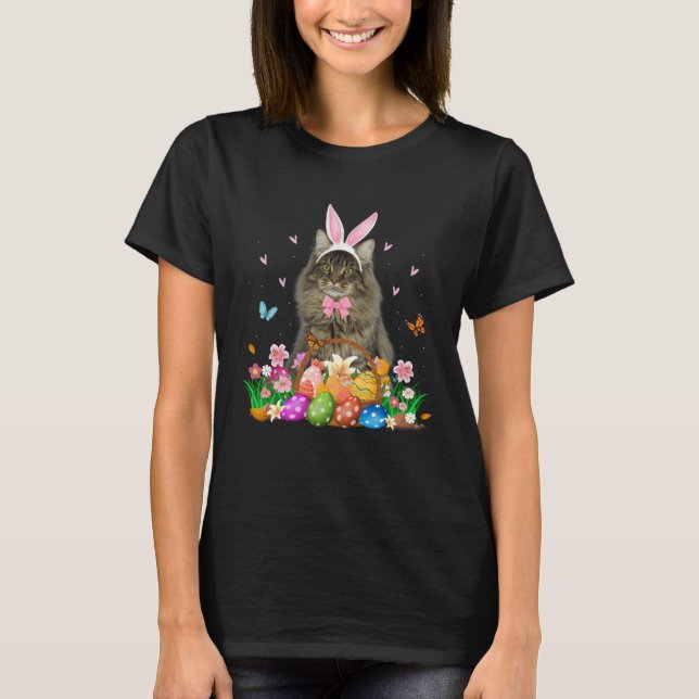 Cute Bunny Maine Coon Cat With Easter Egg Basket E T-Shirt (Front)