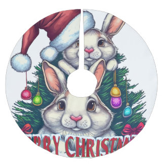 Cute Bunny Merry Christmas – Holiday Rabbit Brushed Polyester Tree Skirt