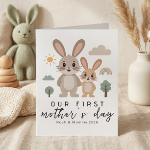 Cute Bunny Mom Baby First Mothers Day Illustration Card