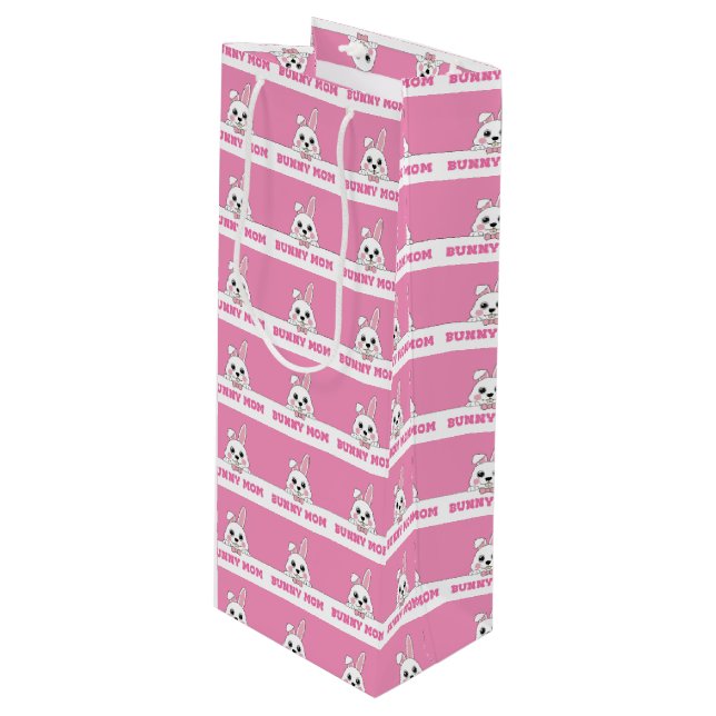 Cute Bunny Mom Pink Pattern Wine Gift Bag (Front Angled)