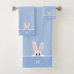 Cute Bunny & Monogram on Light Blue Bath Towel Set