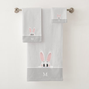 Cute Bunny & Monogram on Light Silver Grey Bath Towel Set