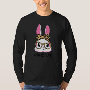Cute Bunny Nurse Leopard Messy Bun Glasses Happy E T-Shirt