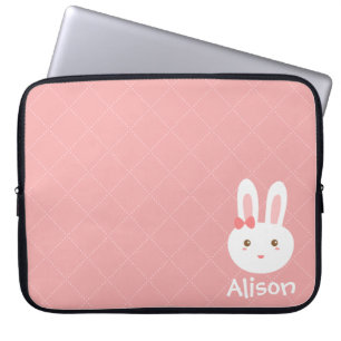 Cute Bunny on Pink Dots and Square Pattern Laptop Sleeve