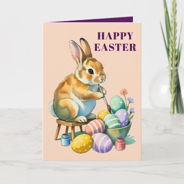 Cute Bunny Painting Easter Eggs Greeting Card (Front)