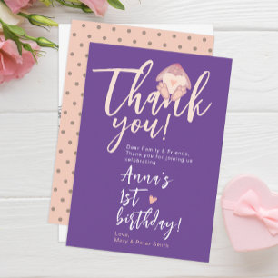 Cute Bunny Pastel Pink And Purple 1st Bday Party Thank You Card