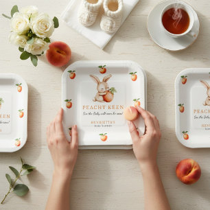 Cute Bunny Peach Theme Baby Shower Paper Plates