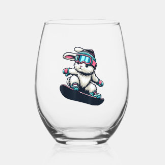 Cute Bunny Performing Snowboarding Trick Kids East Stemless Wine Glass