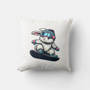 Cute Bunny Performing Snowboarding Trick Kids East Throw Pillow