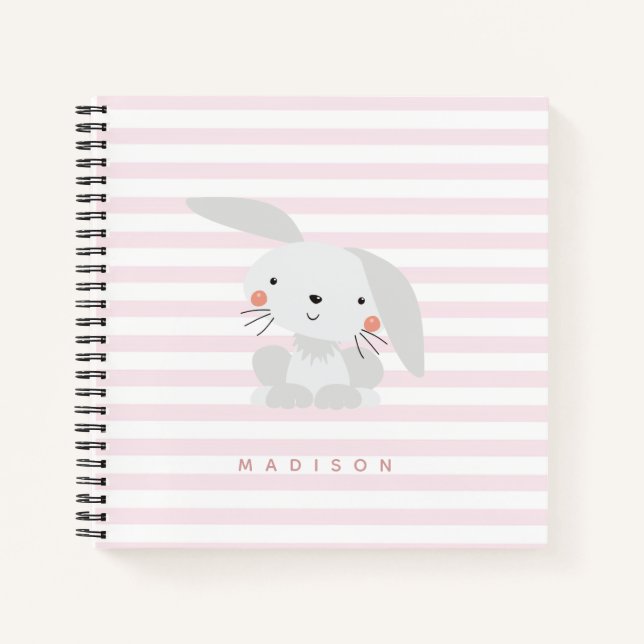 Cute Bunny - Personalized Pink Striped Kids Notebook (Front)