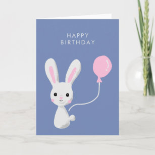 Cute Bunny Pink Balloon Happy Birthday Card