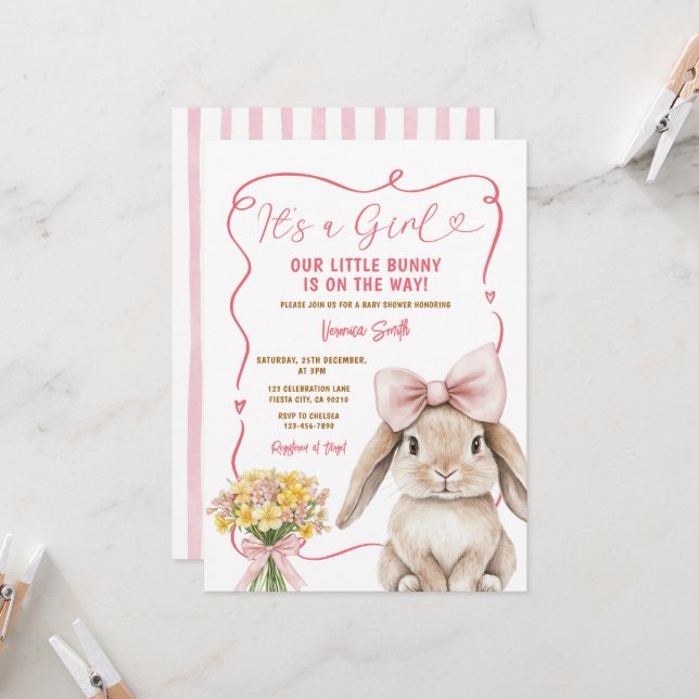 Cute Bunny pink bow coquette baby shower floral Invitation (Front/Back In Situ)