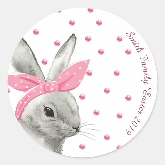 Cute Bunny Pink Bow design Classic Round Sticker (Front)