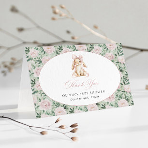 Cute Bunny, Pink Bow, Pink Flowers, Baby Shower Thank You Card