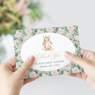 Cute Bunny, Pink Bow, Pink Flowers, Baby Shower Thank You Card