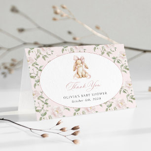 Cute Bunny, Pink Bow, Pink Flowers, Baby Shower Thank You Card