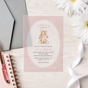 Cute Bunny, Pink Bow, Pink Polka Dots, Baby Shower Vellum Invitations