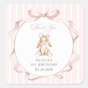 Cute Bunny, Pink Bow, Pink Stripes, First Birthday Square Sticker