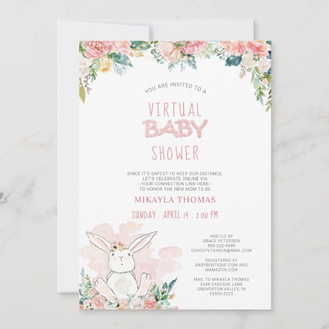 Cute Bunny Pink Floral Fairy Lights Baby Shower (Front)