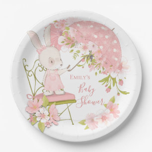 Cute Bunny Pink Florals Girl Baby Shower Paper Plate