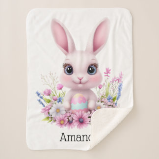 Cute Bunny Pink Flowers with Easter Egg Sherpa Blanket