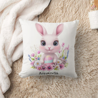 Cute Bunny Pink Flowers with Easter Egg Throw Pillow