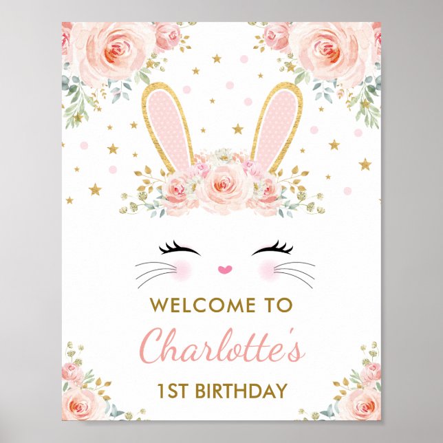 Cute Bunny Pink Gold Floral Easter Rabbit Welcome Poster (Front)