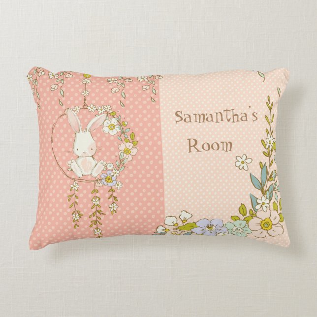 Cute Bunny Pink Polka Dot Accent Pillow (Front)