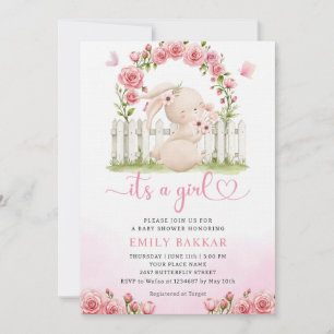 Cute Bunny Pink Watercolor Boho Girl Baby Shower Invitation