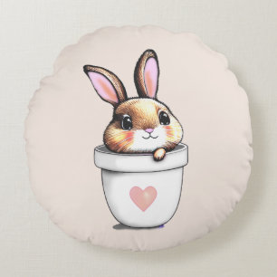 Cute Bunny Plant Pot on Light Champagne Beige Round Pillow