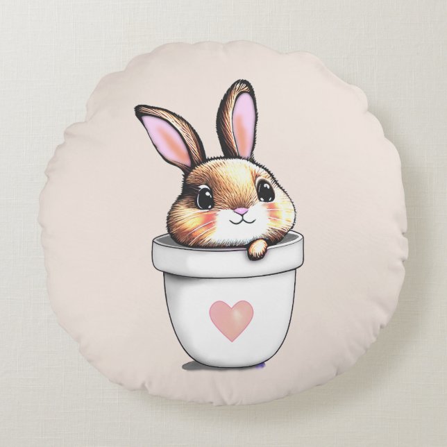 Cute Bunny Plant Pot on Light Champagne Beige Round Pillow (Front)