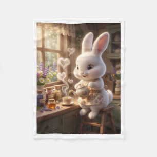 Cute Bunny Pouring Tea in Kitchen Fleece Blanket