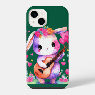Cute bunny praying guitar with hearts and flowers  iPhone 14 case