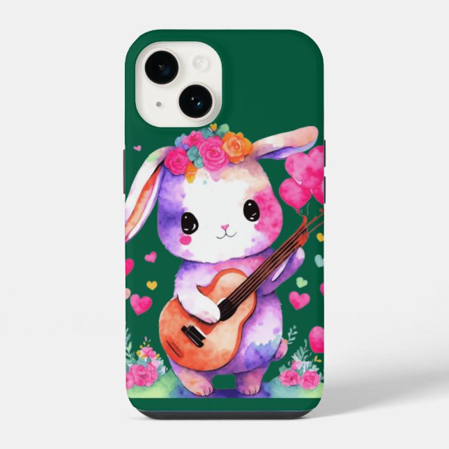 Cute bunny praying guitar with hearts and flowers  iPhone case (Back)