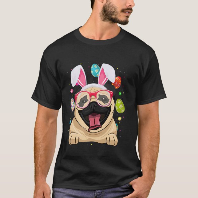 Cute Bunny Pug Dog Face Easter Eggs Easter Day T-Shirt (Front)