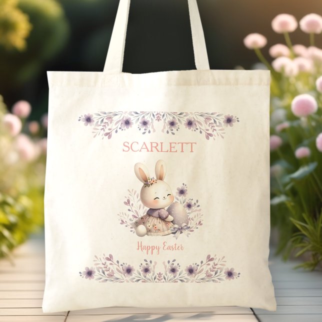 Cute Bunny Purple Floral Girl Name Easter Egg Hunt Tote Bag (Cute Bunny Purple Floral Girl Name Easter Egg Hunt Tote Bag)