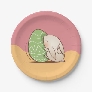 Cute Bunny pushing Green Easter Egg Paper Plate