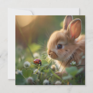 Cute bunny rabbit and a ladybug on the green field holiday card